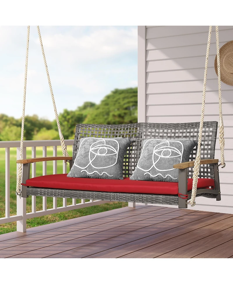 2-Person Patio Wicker Hanging Swing Chair Loveseat Cushion Porch Red