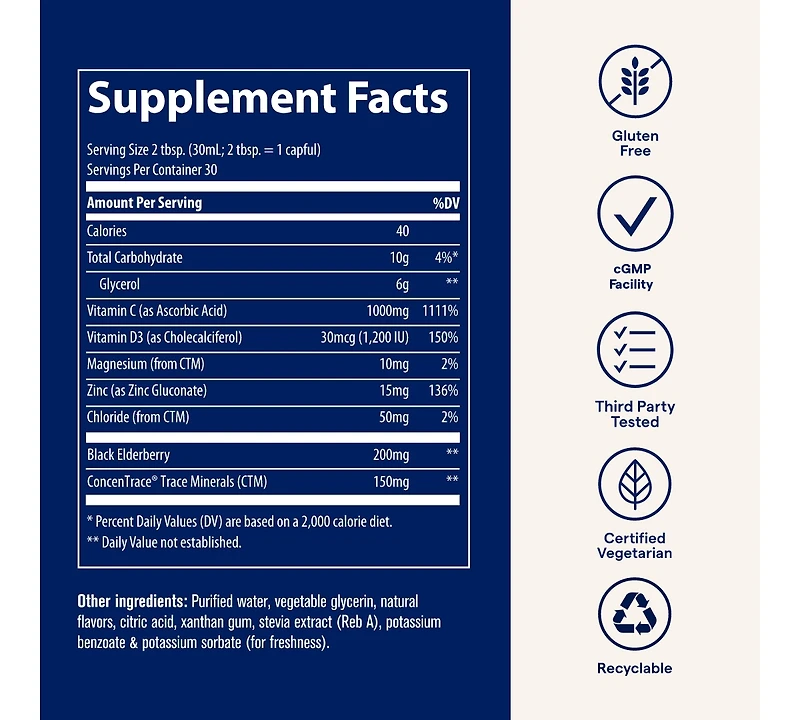 Trace Minerals Liquid Immunity+ with Elderberry, Zinc, Vitamins C & D, Ionic Fast Absorbing, Sugar Free Immune Support, Gluten Free | Mixed Berry | 30