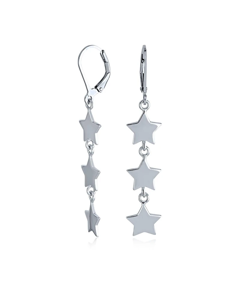 Bling Jewelry American Usa Patriotic Celestial Rock Three Star Linear Drop Dangle Earrings .925 Sterling Silver French Wire
