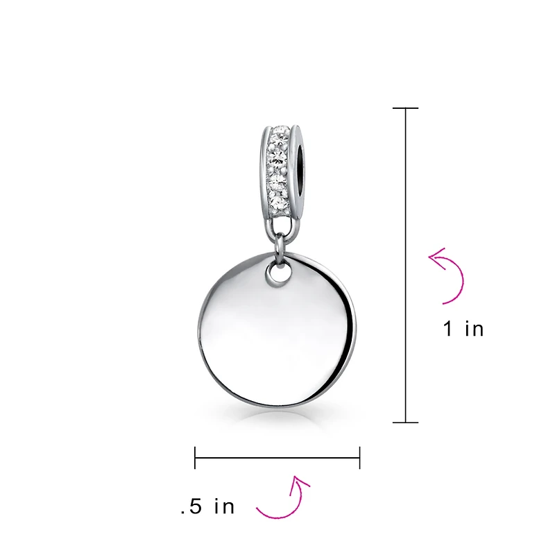 Bling Jewelry Crystal Accent Bale Dangle Round Circle Disc Shaped Charm Bead .925 Sterling Silver