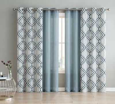 Kate Aurora Coordinating 4 Piece Geometric & Solid Curtain Set - 38 in. W x L