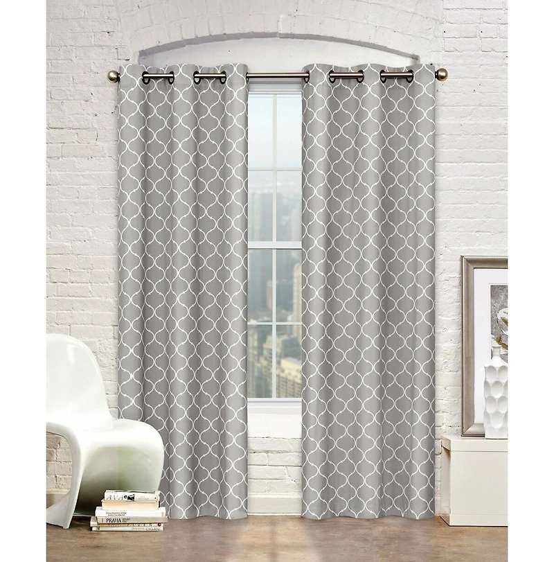 Kate Aurora Gray & White Lattice Clover Ultra Luxurious Window Curtains