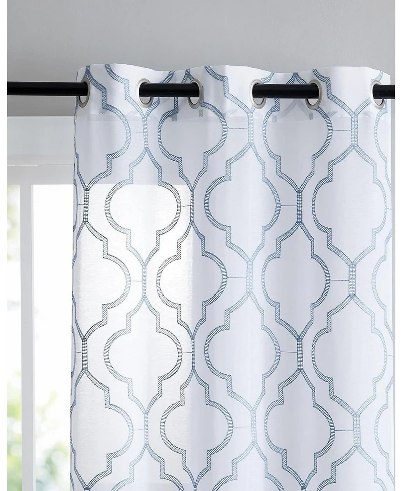 Kate Aurora 2 Piece Charlotte Clover Trellis Grommet Top Sheer Voile Window Curtain Panels - 38 in. W x 96 in. L, Blue