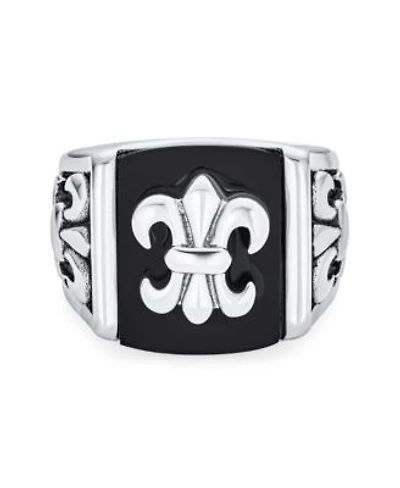 Bling Jewelry Black Fleur De Lis Square Signet Ring Silver Tone Stainless Steel