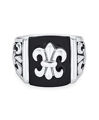 Bling Jewelry Black Fleur De Lis Square Signet Ring Silver Tone Stainless Steel