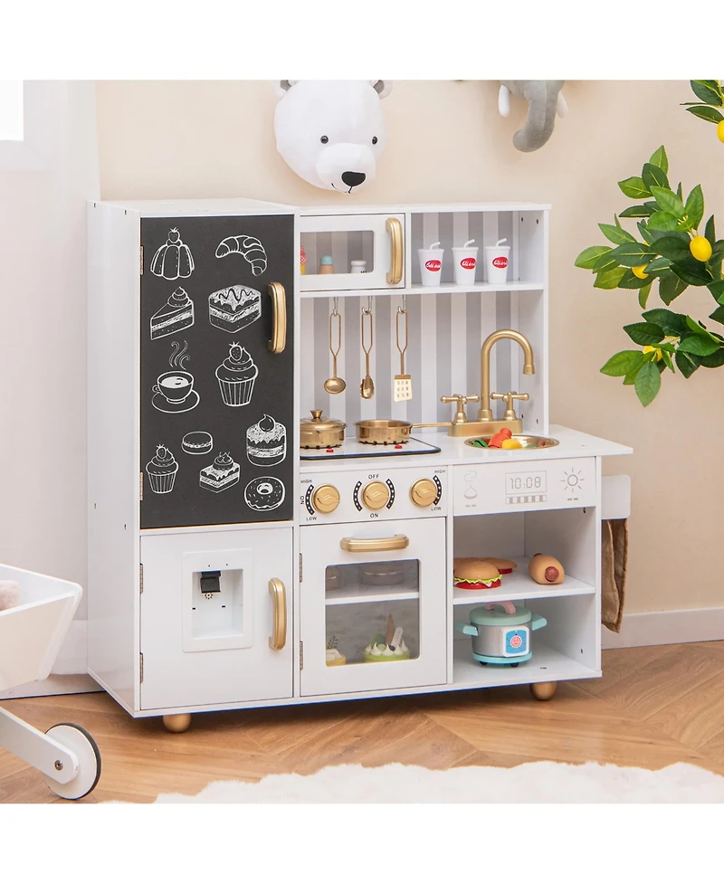 Gymax Play Kitchen Toy Set w/ Chalkboard Oven Sink Faucet Stove Water Dispenser