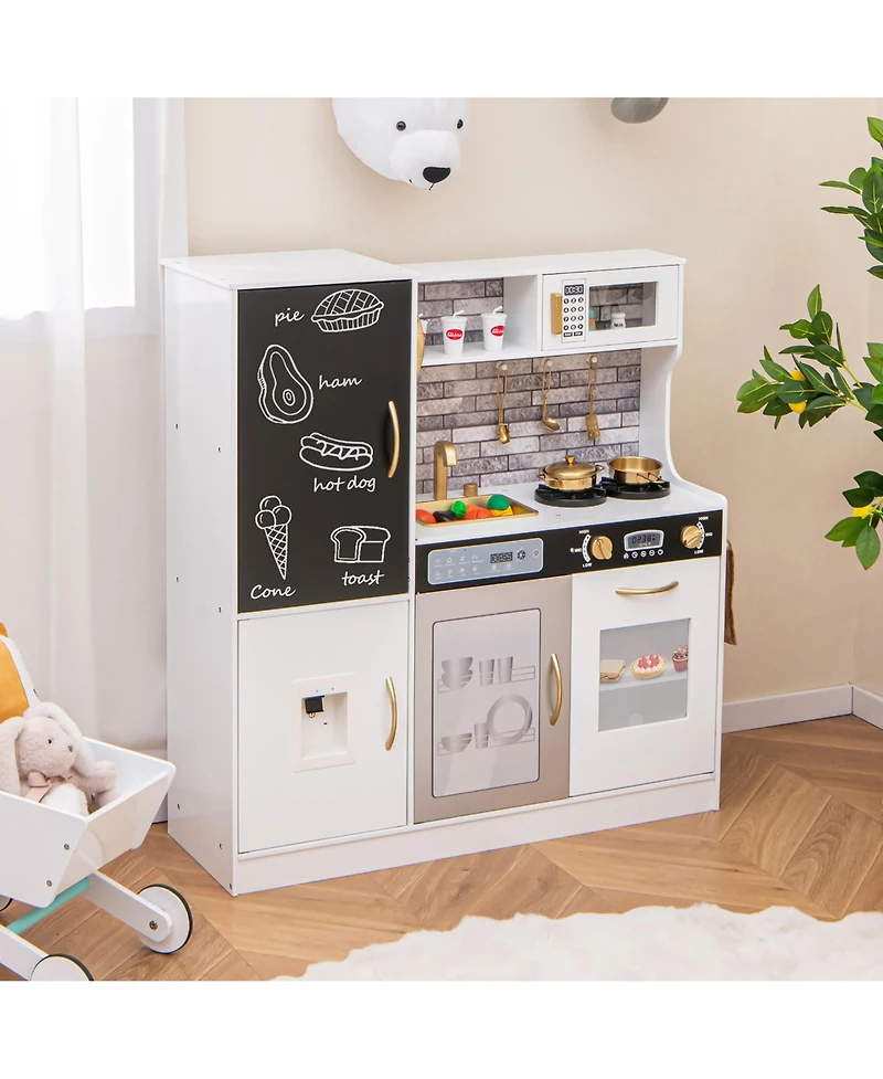 Gymax Play Kitchen Toy Set w/ Chalkboard Oven Sink Curtain Microwave Water Dispenser