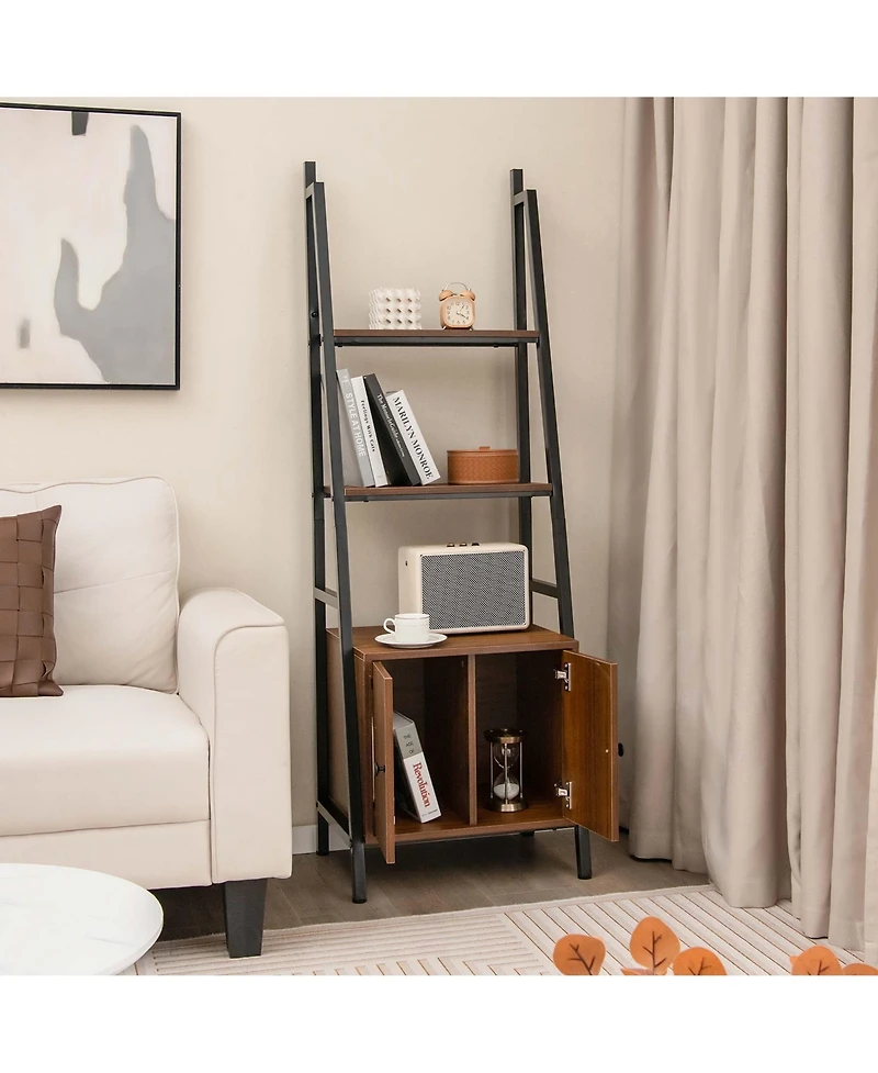 2 Pcs Ladder Shelf Industrial Bookcase with Cabinet Metal Frame for Living Room