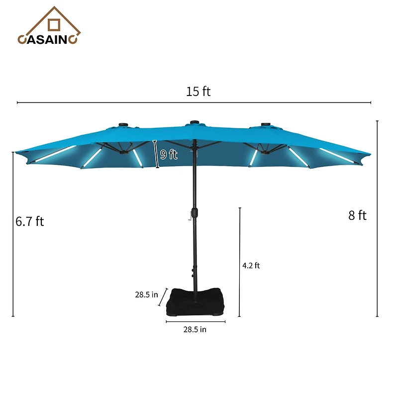 Casainc Outdoor Double-Sided Rectangular Led Light Market Umbrella With Base and Cover