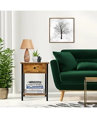 Industrial End Side Table Nightstand with Drawer Shelf-Rustic Brown