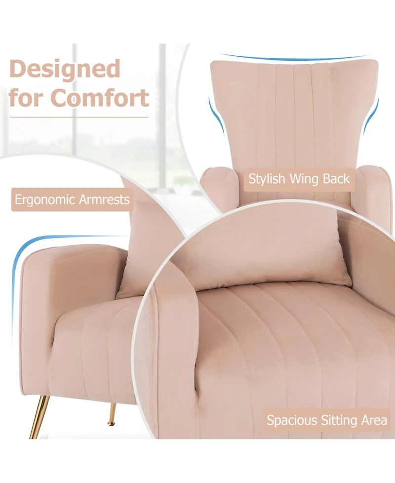 Velvet Upholstered Wingback Chair with Lumbar Pillow & Golden Metal Legs