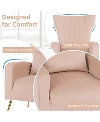 Velvet Upholstered Wingback Chair with Lumbar Pillow & Golden Metal Legs