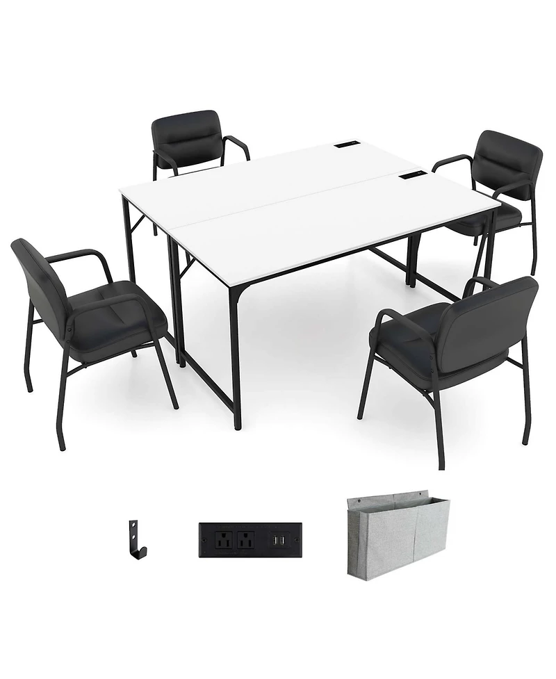 Set of 2 Meeting Room Desk with Charging Station & Headphone Hook Metal Frame