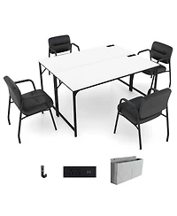 Set of 2 Meeting Room Desk with Charging Station & Headphone Hook Metal Frame