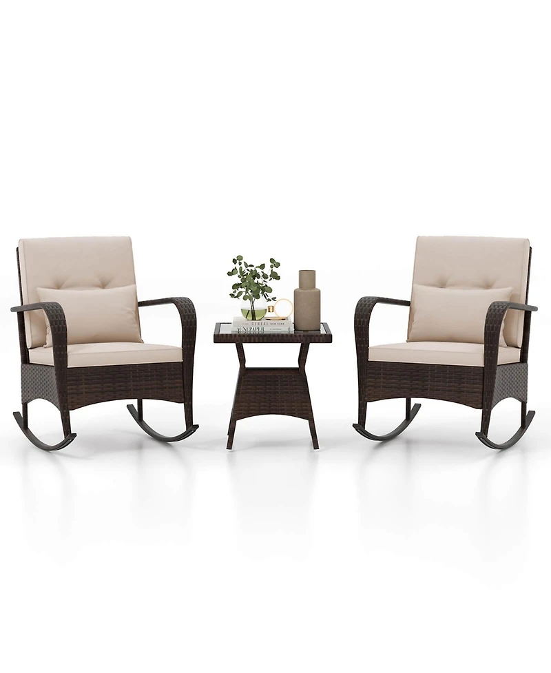 3 Pcs Rocking Bistro Set with Removable Cushions & Tempered Glass Top Coffee Table