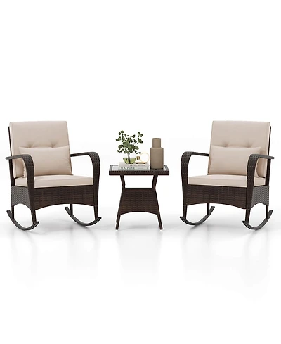 3 Pcs Rocking Bistro Set with Removable Cushions & Tempered Glass Top Coffee Table
