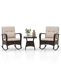 3 Pcs Rocking Bistro Set with Removable Cushions & Tempered Glass Top Coffee Table