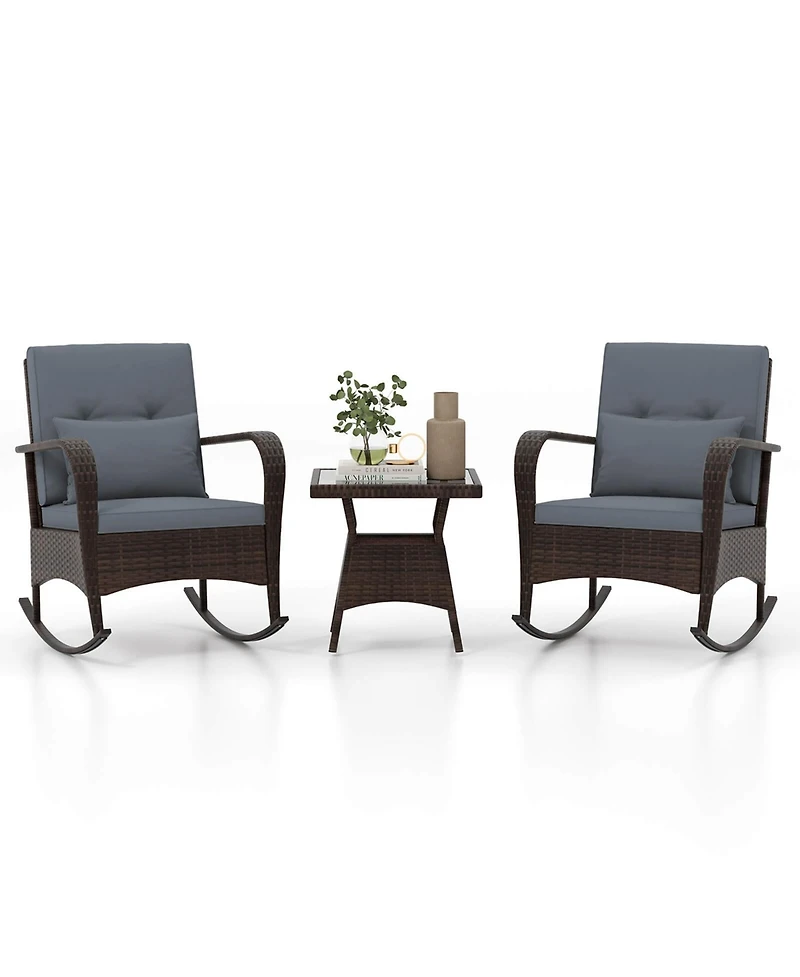 3 Pcs Rocking Bistro Set with Removable Cushions & Tempered Glass Top Coffee Table