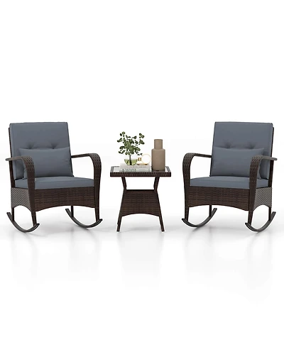 3 Pcs Rocking Bistro Set with Removable Cushions & Tempered Glass Top Coffee Table