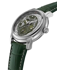 Frederique Constant Men's Swiss Automatic Classic Worldtimer Manufacture Green Leather Strap Watch 42mm