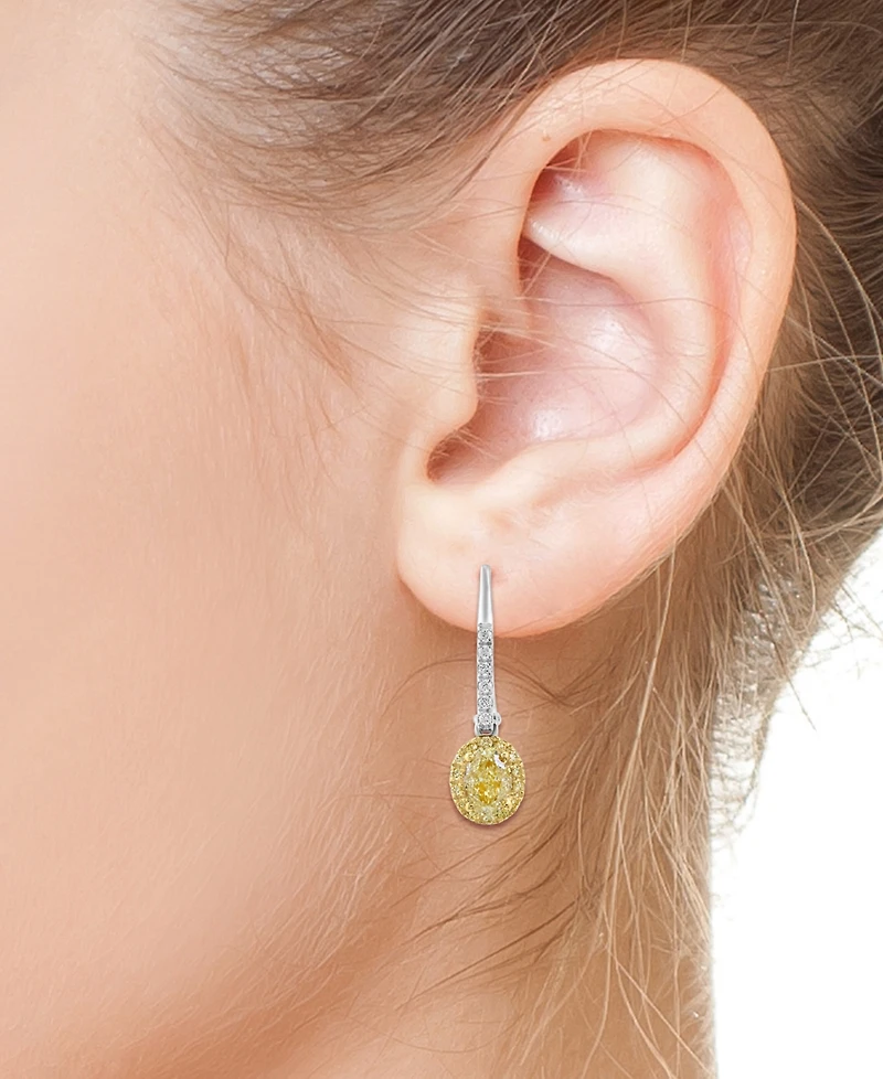 Effy Yellow Diamond (1-1/10 ct. t.w.) & White Diamond (1/10 ct. t.w.) Oval Halo Leverback Drop Earrings in 18k Two-Tone Gold