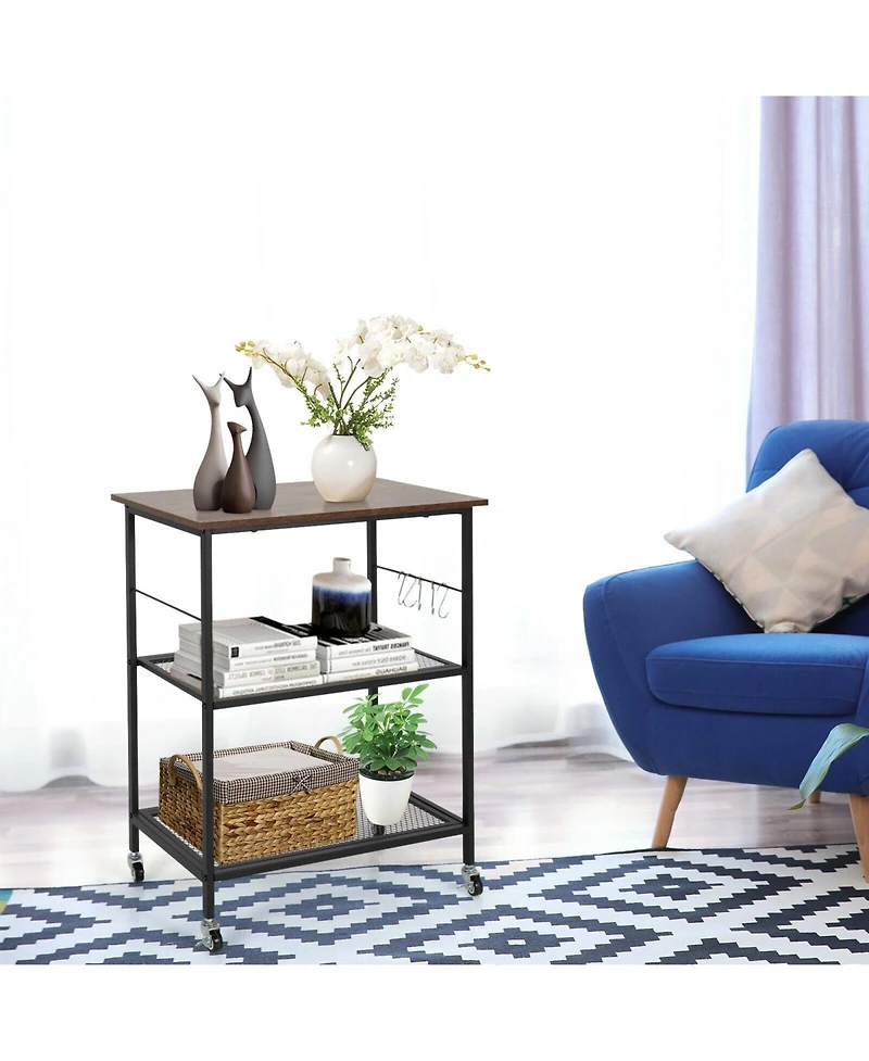 Sugift 3-Tier Kitchen Serving Cart Utility Standing Microwave Rack with Hooks