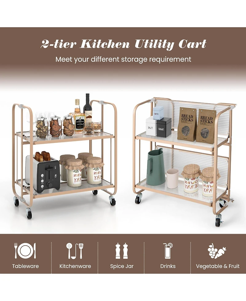 Sugift 2-Tier Mobile Serving Cart with Tempered Glass Shelf