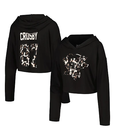 Majestic Women's Sidney Crosby Black Pittsburgh Penguins Leopard Print Name Number Cropped Pullover Hoodie