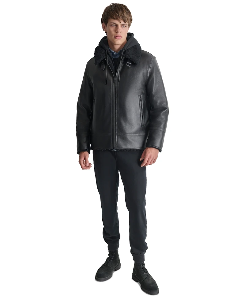 Dkny Men's Faux Leather Jacket with Removable Faux Fur Bib