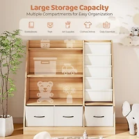 Wooden Kids Storage Organizer Shelf with Book Rack and Fabric Bins