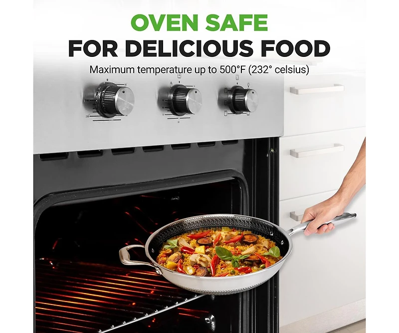 NutriChef 12'' Durable Wok with Side Handle - Triply Stainless Steel Cookware, Dakin Etching Non-Stick Coating Inside and Outside