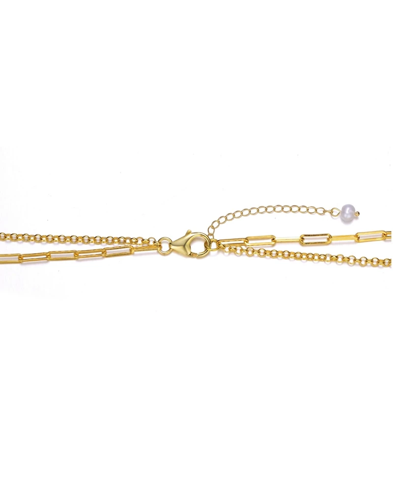 Sterling Silver 14K Yellow Gold Plated Genuine Freshwater Pearl Lobster Claw Layered Necklace