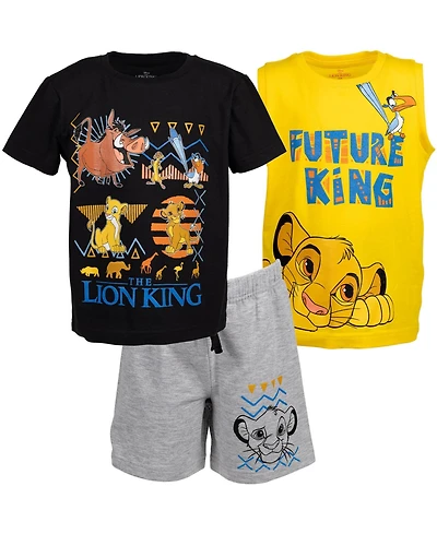 Disney Toddler Boys Lion King Toy Story Mickey Mouse Cars T-Shirt Tank Top and French Terry Shorts 3 Piece Outfit Set to