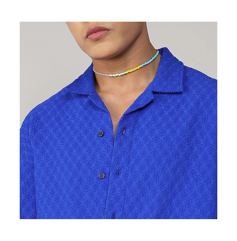 Men's Royal Blue Textured Geometric Oversized Shirt