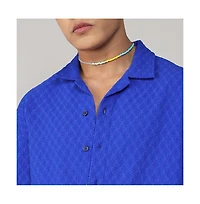 Men's Royal Blue Textured Geometric Oversized Shirt