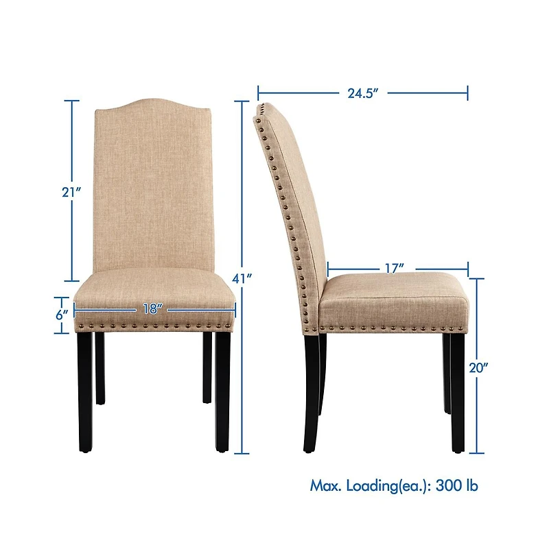 Yaheetech Set of 2 Fabric Upholstered Classic Dining Chair with Tall Back and Solid Wood Legs Khaki