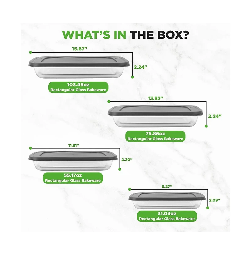 NutriChef 4 Sets of High Borosilicate Rectangular Glass Bakeware Set with Pe Lid (Red)