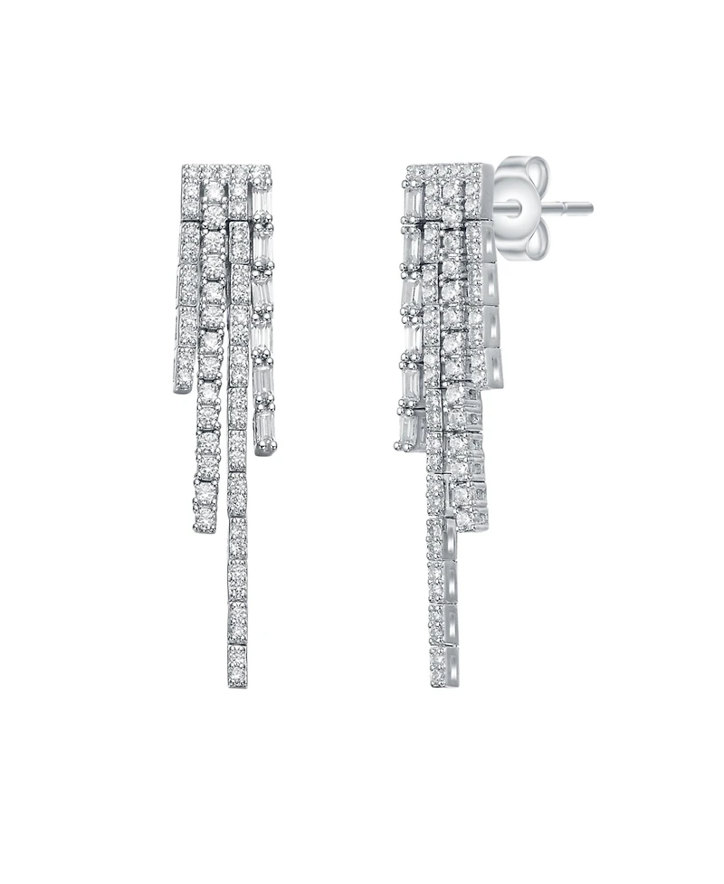 Sterling Silver White Gold Plated with White Cubic Zirconia Graduated Fringe Dangle Earrings