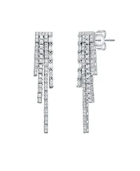 Sterling Silver White Gold Plated with White Cubic Zirconia Graduated Fringe Dangle Earrings