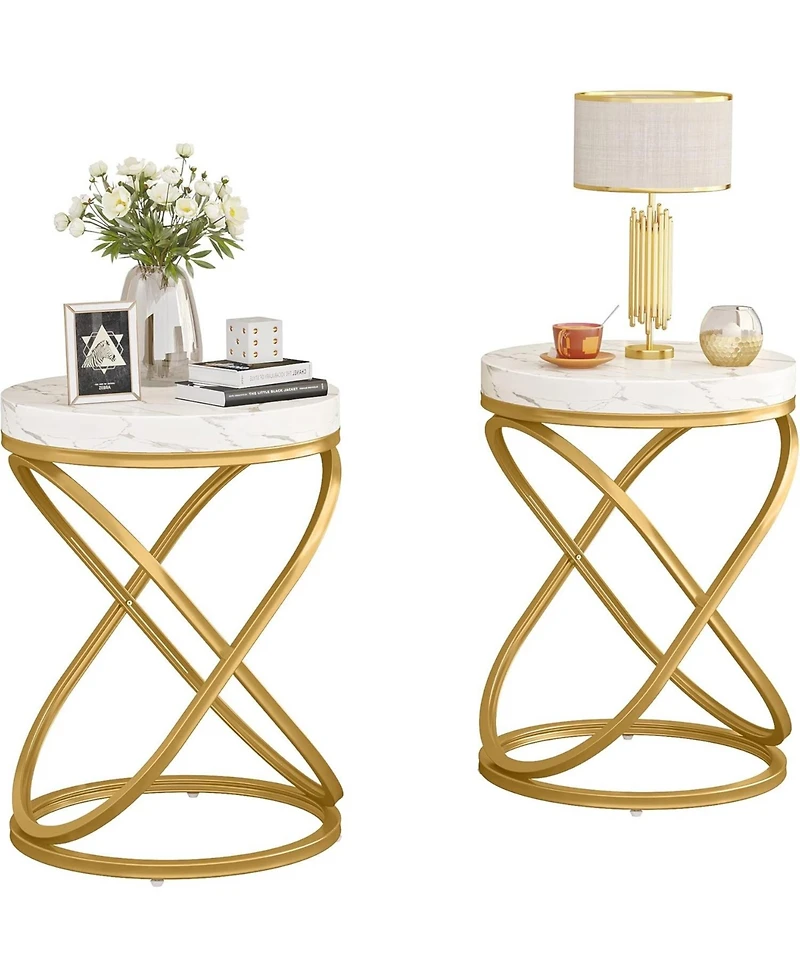 Tribesigns White and Gold Faux Marble Top End Tables Set of 2, Round Nightstands Sofa Side Table with Double X-Shaped Ring Unique Design for Bedroom