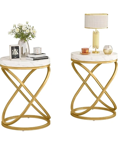Tribesigns White and Gold Faux Marble Top End Tables Set of 2, Round Nightstands Sofa Side Table with Double X-Shaped Ring Unique Design for Bedroom