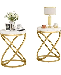 Tribesigns White and Gold Faux Marble Top End Tables Set of 2, Round Nightstands Sofa Side Table with Double X-Shaped Ring Unique Design for Bedroom