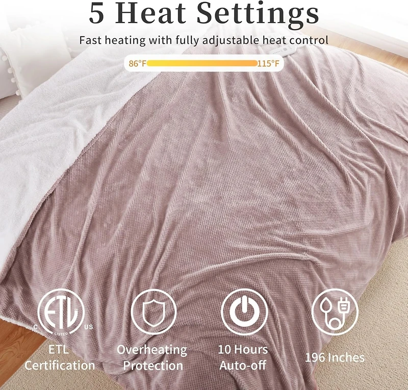 Caromio King Size Flannel Sherpa Electric Heated Blanket with Dual Control, 100" x 90"