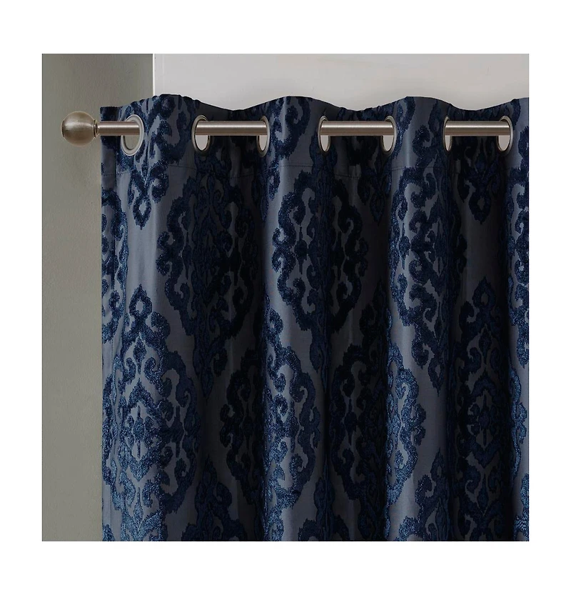 Mirage Knitted Jacquard Damask Total blackout curtains for bedroom, Silver grommet top fit up to 1.25 inches rod Single Curtain Panel for Living Room