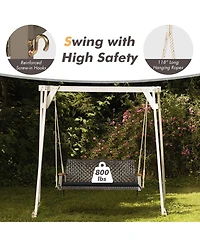 2-Person Patio Rattan Hanging Swing Chair Porch Loveseat Cushion Off White