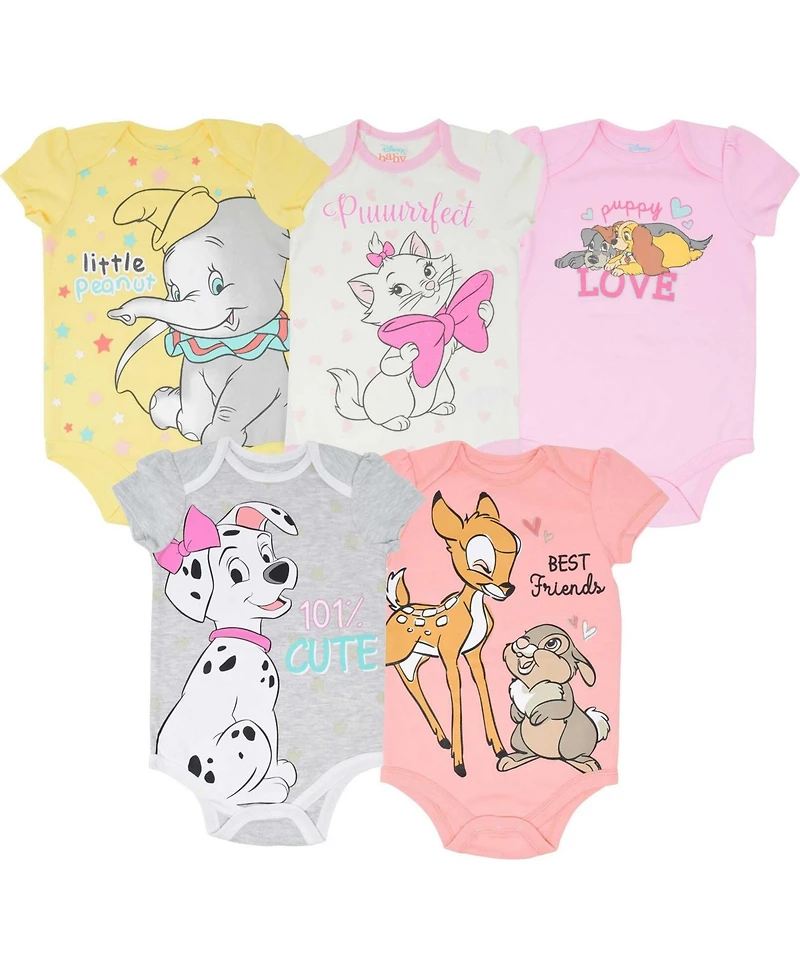 Bambi Baby Girls 101 Dalmatians Dumbo Lady and the Tramp 5 Pack Bodysuits