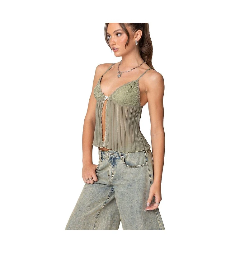 Edikted Womens Pleated Lacey Split Front Tank Top