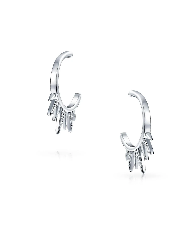 Bling Jewelry Punk Rocker Goth Biker Jewelry Points Arrow 5 Spike Half Hoop Stud Earrings Cubic Zirconia Pave Cz Accent .925 Sterling Silver