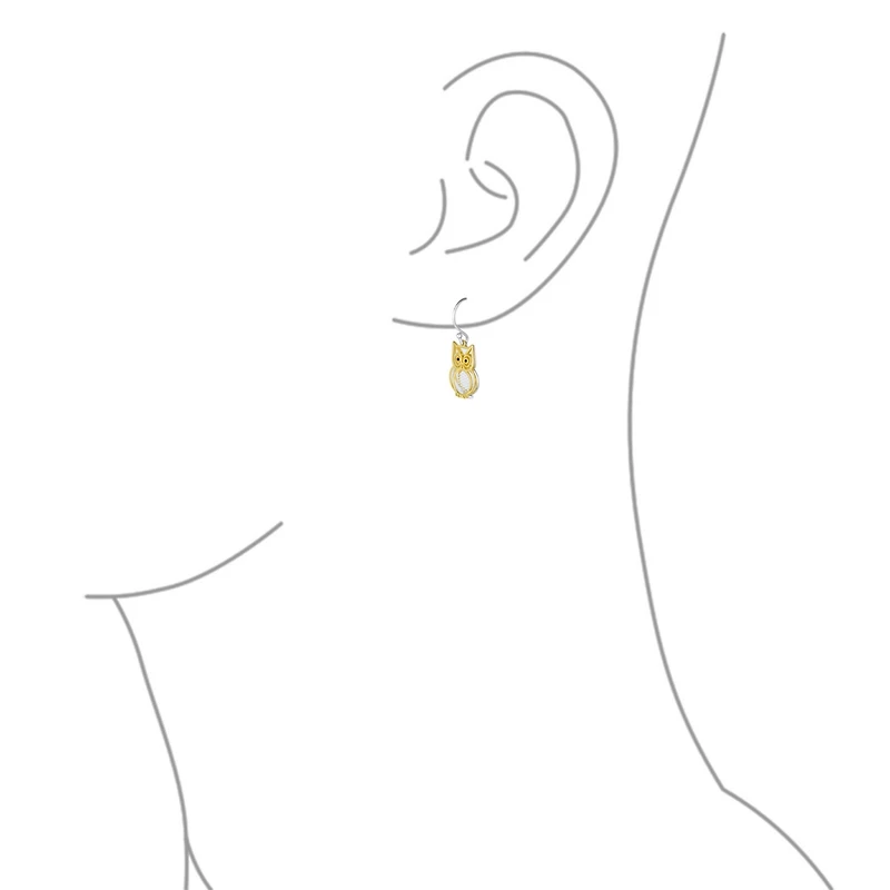 Bling Jewelry Two Tone Bird Animal Wise Graduate Dangling Owl Pendant Necklace Dangle Earrings Jewelry Set Yellow 14k Gold Plated .925 Sterling Silver