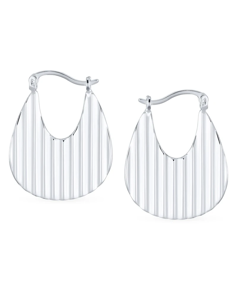 Bling Jewelry Geometric Modern Lightweight Oval Metal Ribbed Stripe Texture Medium Hoop Earrings .925 Sterling Silver 1 Inch Diameter